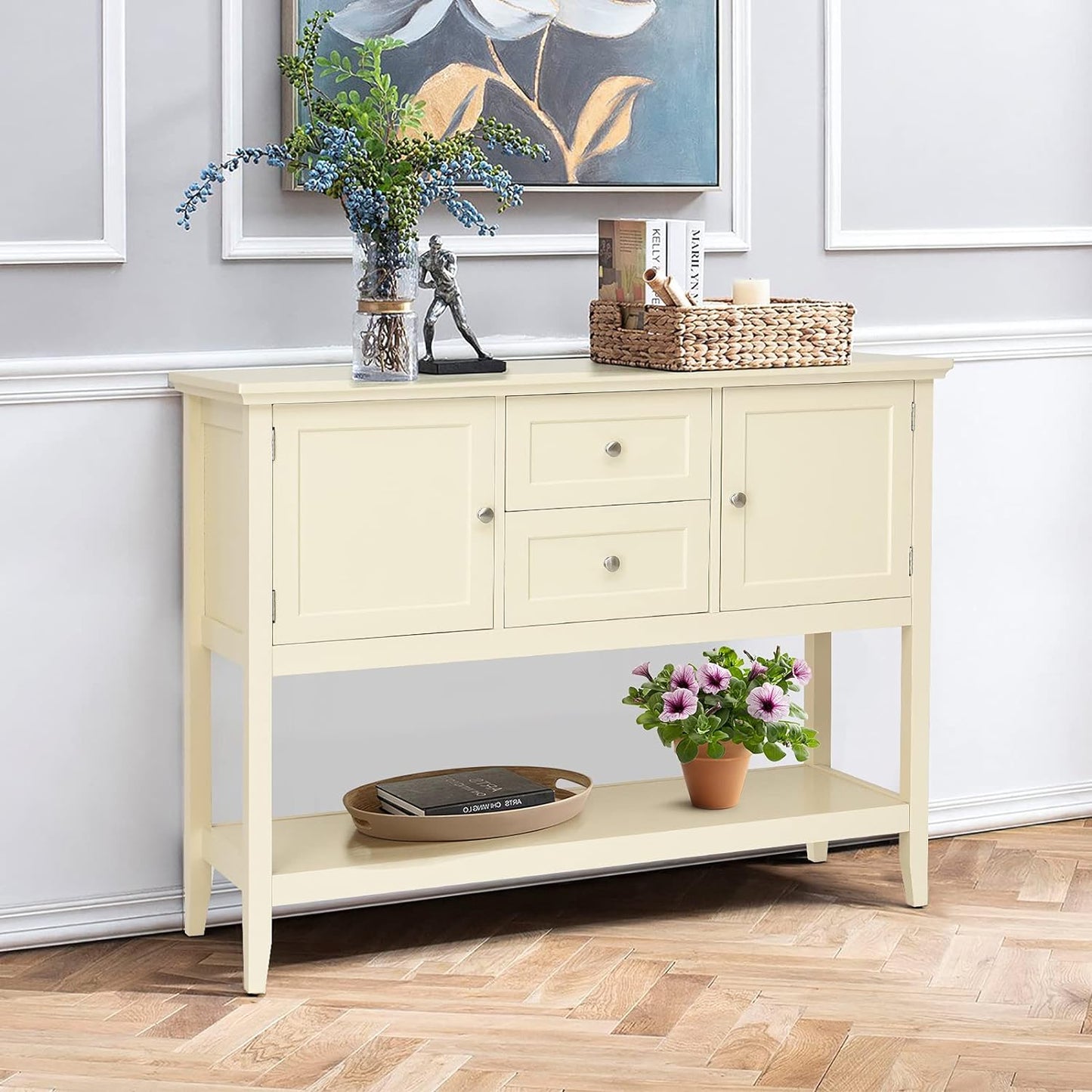 Opbergkast – Dressoir – Buffetkast – Sidetable – Kast – Hout – Grijs – 2 Lades – Stevig MDF Met Dennenhouten Poten