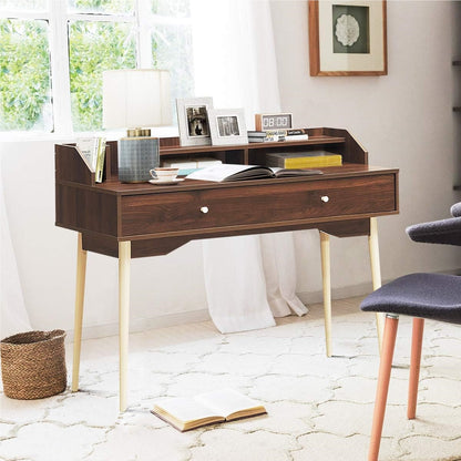 Computerbureau – Bureau – Werkplek – Schrijftafel – Studietafel – Massief Hout – Lade Met Opbergruimte – 110 Cm – Bruin