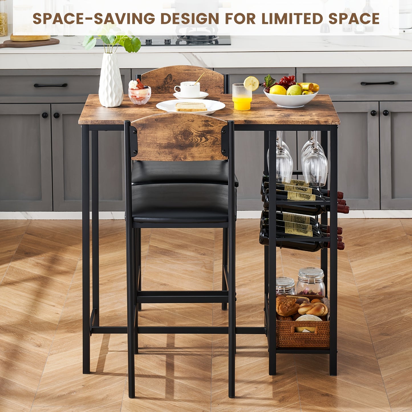 Barkassett – Bartafel Set – Barkrukken – Barset – Barmeubel – Compact Design – Wijnrek Voor 8 Flessen & Opbergruimte