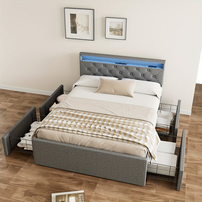 Bedbank – Slaapbank – Slaapstoel – Bankbed – Bedframe – 140x200 cm – Gestoffeerd Grijs Linnen – 4 Lades & USB LED Hoofdbord