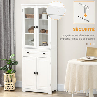 Buffetkast – Hoge Keukenkast – Opbergkast – Dressoir – Wandkast – Wit – MDF Hout – 160 cm Hoog – 2 Glasdeuren & Lade