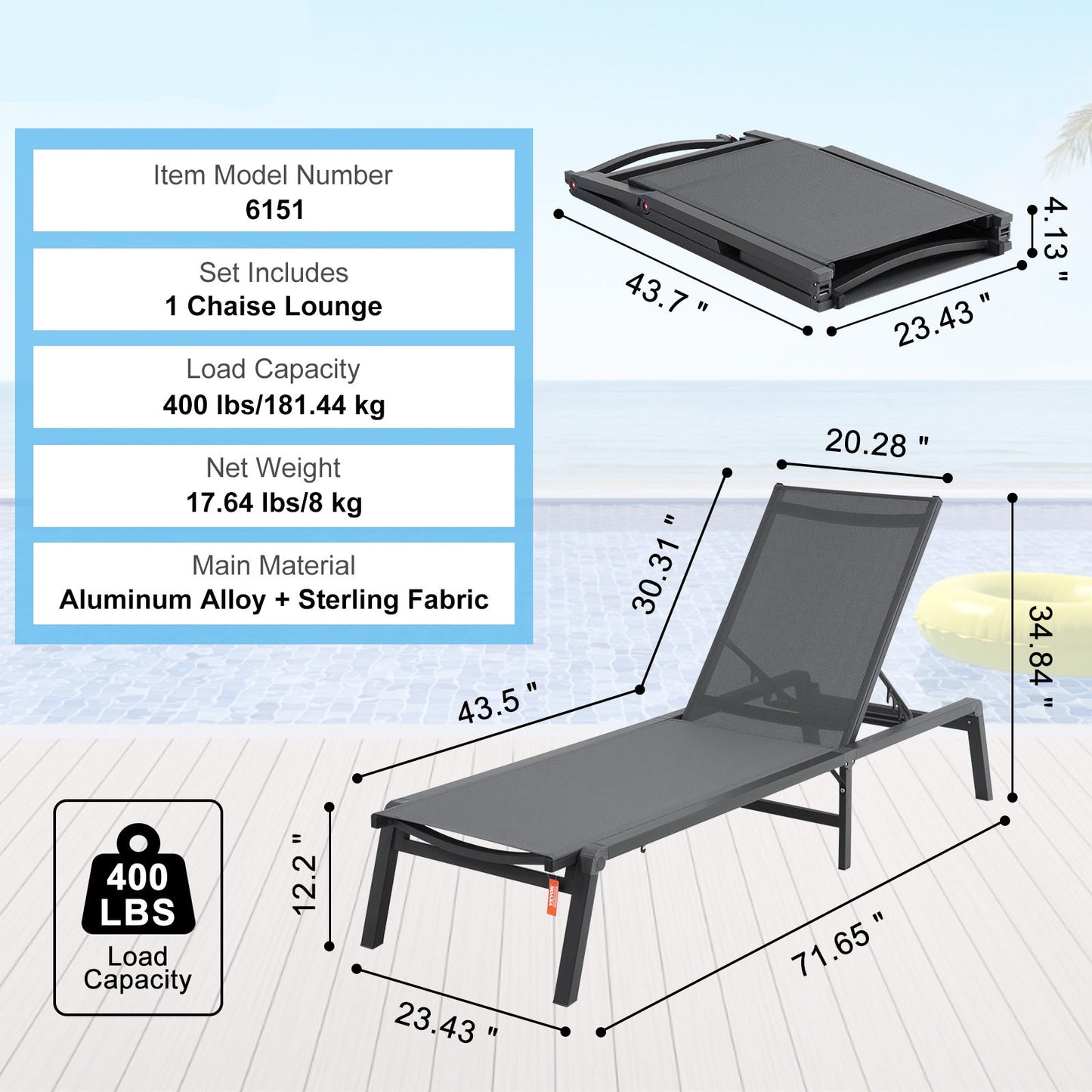 Loungebank – Ligstoel – Tuinstoel – Relaxstoel – Buitenstoel – Verstelbaar in 5 standen – Aluminium frame roestvrij – Waterafstotende stof Donkergrijs