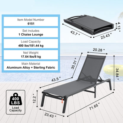 Loungebank – Ligstoel – Tuinstoel – Relaxstoel – Buitenstoel – Verstelbaar in 5 standen – Aluminium frame roestvrij – Waterafstotende stof Donkergrijs