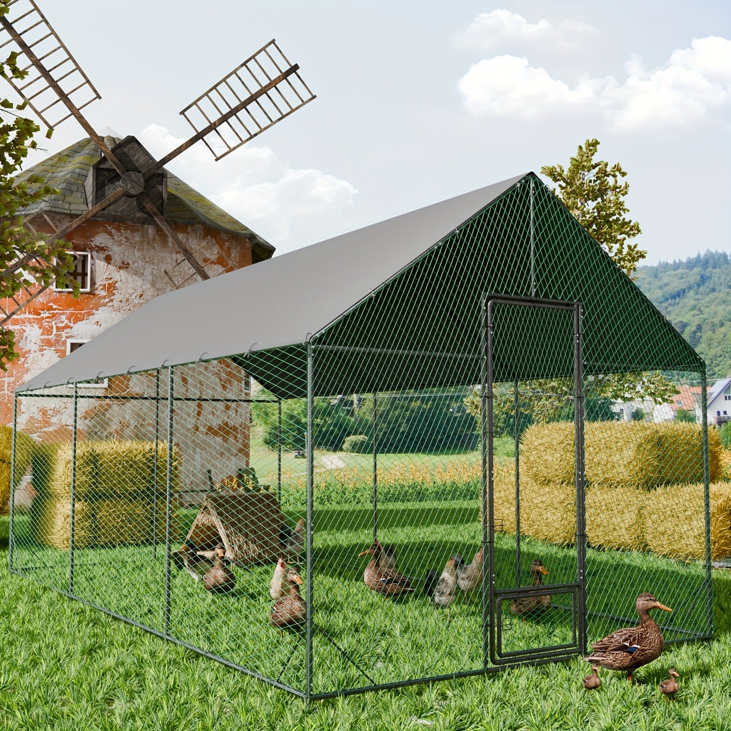 Kippenhok – Buitenren – Pluimveestal – Kippenren – Dierenhok – Gegalvaniseerd Stalen Frame – UV-bestendig Zonnescherm – Groot Formaat