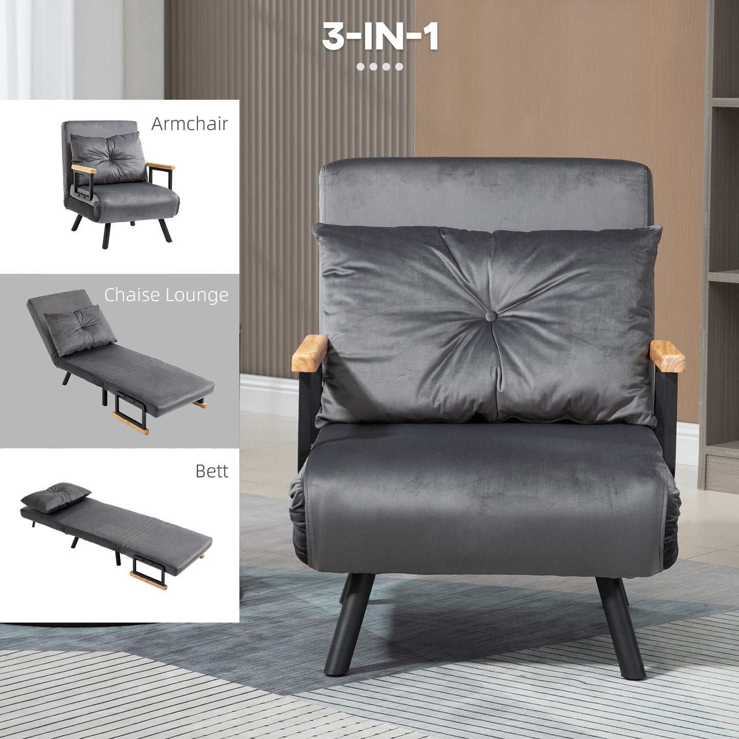 Slaapbank – Bedbank – Slaapstoel – Tweepersoonsbed – Verstelbare Rugleuning – Fluweelzachte Donkergrijze Bekleding – Stalen Frame – Inclusief Kussen