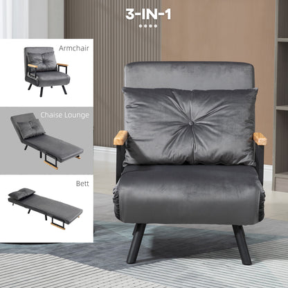 Slaapbank – Bedbank – Slaapstoel – Tweepersoonsbed – Verstelbare Rugleuning – Fluweelzachte Donkergrijze Bekleding – Stalen Frame – Inclusief Kussen