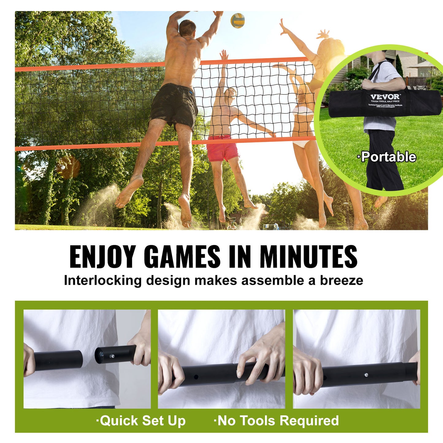 volleybalnet – sportnet – badmintonnet – beachvolleybalnet – draagbaar volleybalnet – verstelbare hoogte – duurzame aluminium palen