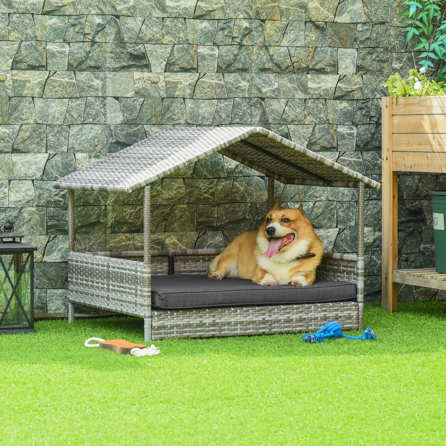 Hondenhok – Hondenmand – Hondenkennel – Hondenhuisje – Huisdier Bed – Rattan Met Staal – Inclusief Comfortabel Kussen – Grijs 69x98x70 cm
