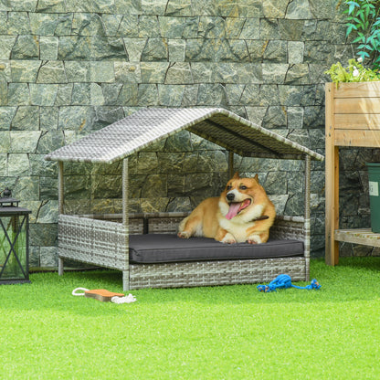 Hondenhok – Hondenmand – Hondenkennel – Hondenhuisje – Huisdier Bed – Rattan Met Staal – Inclusief Comfortabel Kussen – Grijs 69x98x70 cm