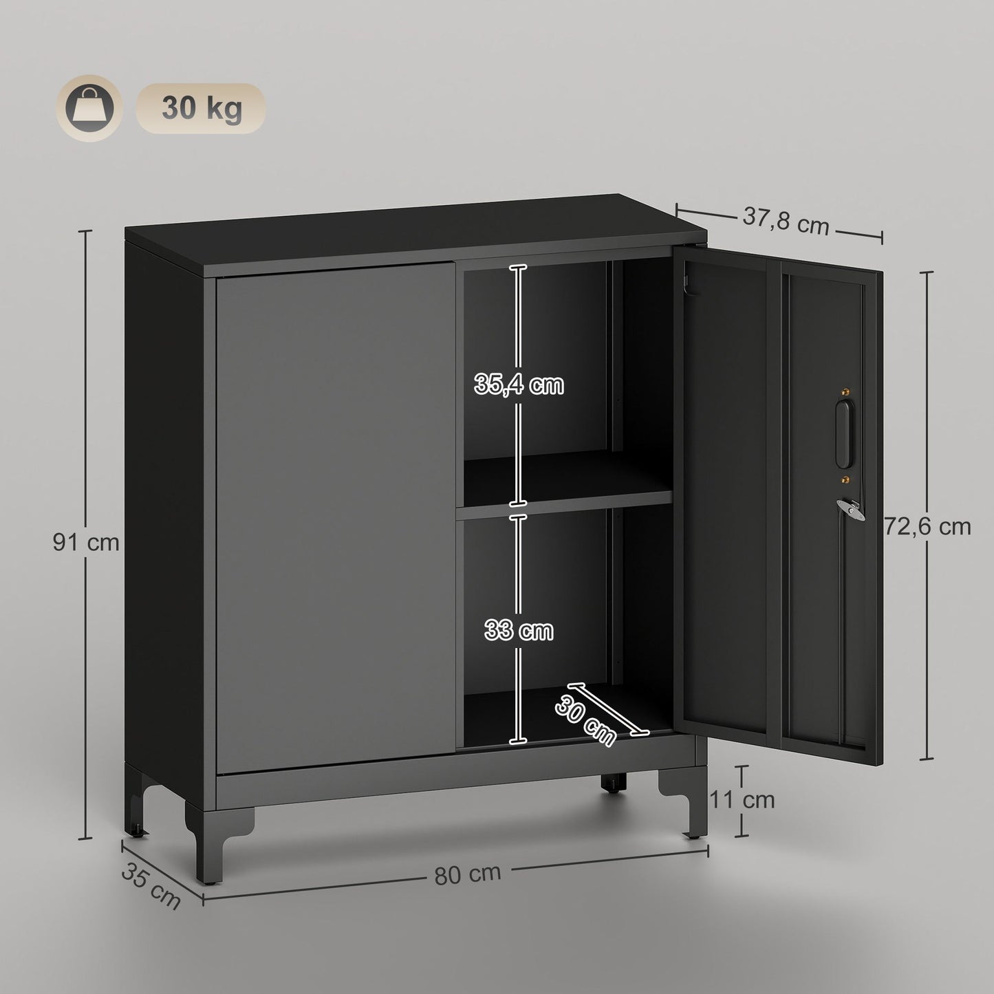 Metalen Kantoorkast – Opbergkast – Archiefkast – Lockerkast – Gereedschapskast – Zwart – 2-laags Design – Inclusief Slot en Sleutels