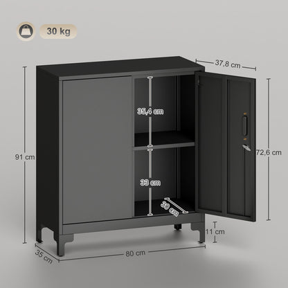 Metalen Kantoorkast – Opbergkast – Archiefkast – Lockerkast – Gereedschapskast – Zwart – 2-laags Design – Inclusief Slot en Sleutels