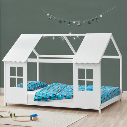 Kinderbed – Halfopen Huisbed – Huisvormig Bed – Kinderbed Frame – Bed Voor Kinderen – 90x200 cm Wit – Massief Dennenhout – Sfeervolle Decoratieve Ramen