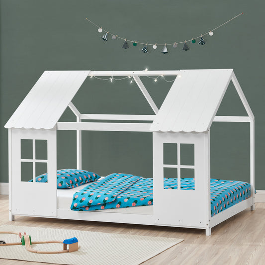 Kinderbed – Halfopen Huisbed – Huisvormig Bed – Kinderbed Frame – Bed Voor Kinderen – 90x200 cm Wit – Massief Dennenhout – Sfeervolle Decoratieve Ramen