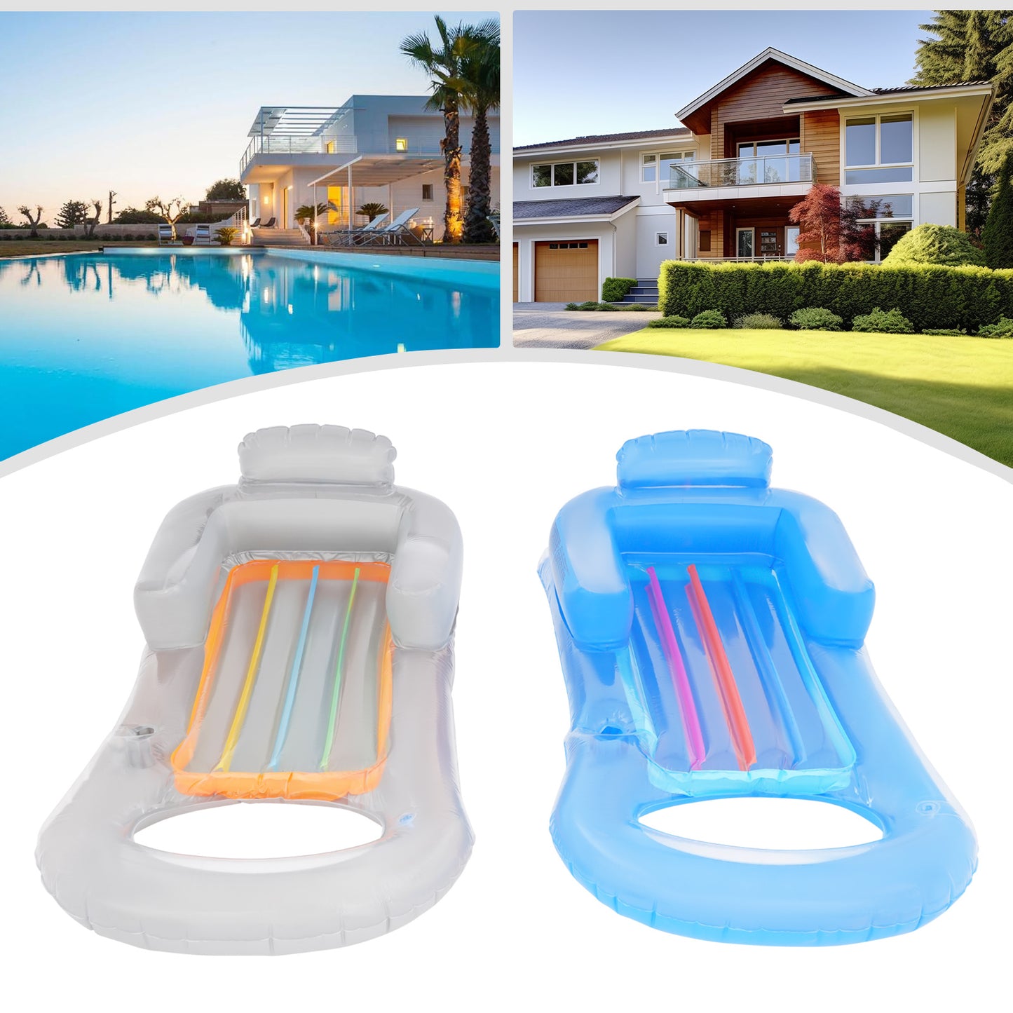 Drijvende Stoel – Drijvende Ligstoel – Lounge Stoel – Waterhangmat – Zwembad Ligbed – Set van 2 – Groot Formaat 160x84 cm – Duurzaam PVC Met Rugleuning & Armsteunen