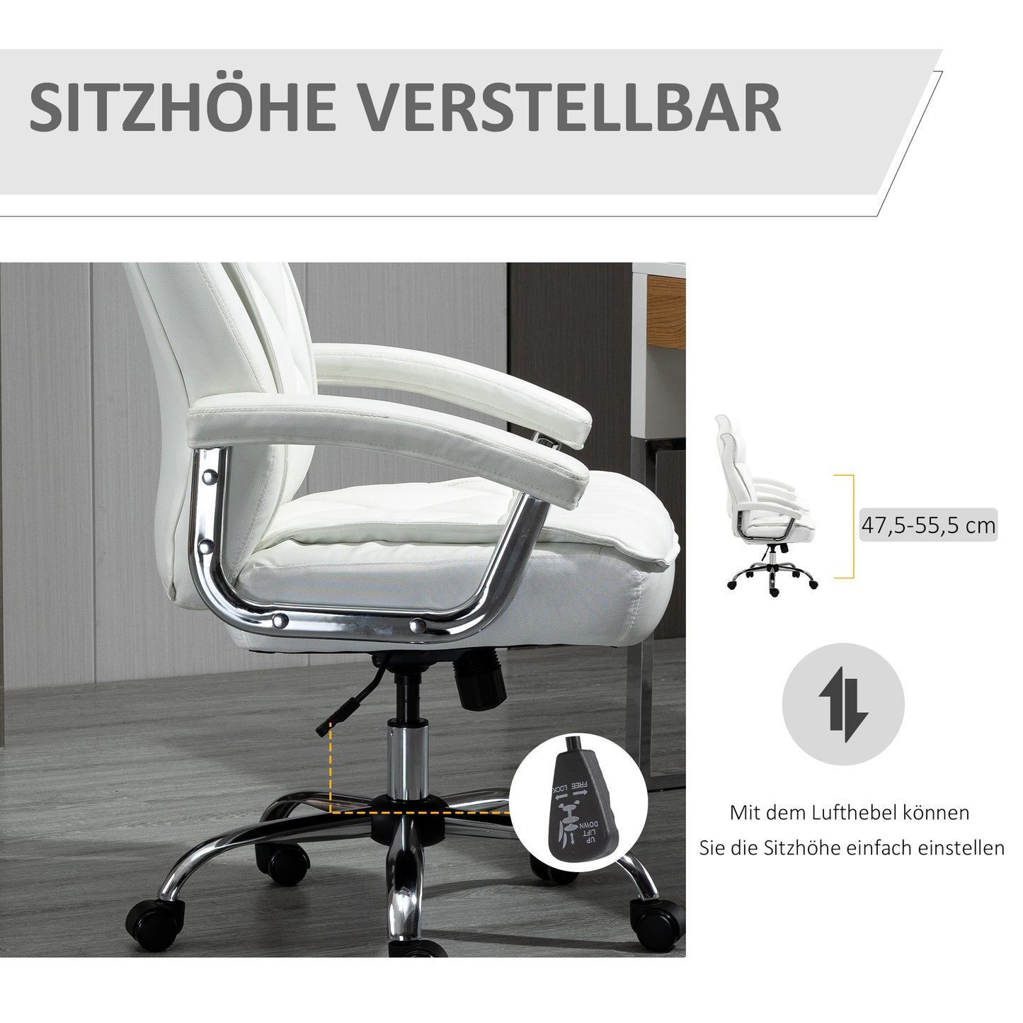 Bureaustoel – Executive Chair – Office Chair – Draaistoel – Ergonomische Stoel – Hoogte Verstelbaar – 360° Draaibaar Met Schommelfunctie – Wit Kunstleer Met Diamantpatroon – Stabiel Metalen Frame 66x69x121 cm