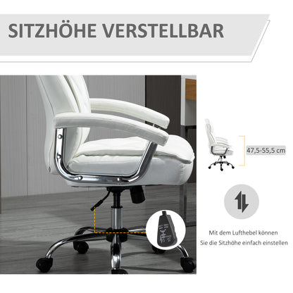 Bureaustoel – Executive Chair – Office Chair – Draaistoel – Ergonomische Stoel – Hoogte Verstelbaar – 360° Draaibaar Met Schommelfunctie – Wit Kunstleer Met Diamantpatroon – Stabiel Metalen Frame 66x69x121 cm