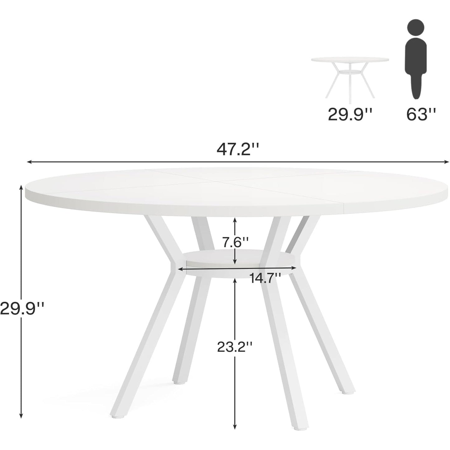 Ronde Eettafel – Kleine Keukentafel – Ronde Tafel – Eetkamertafel – Witte Tafel – Voor 4 Personen – 119 cm Diameter – MDF Met Metaal