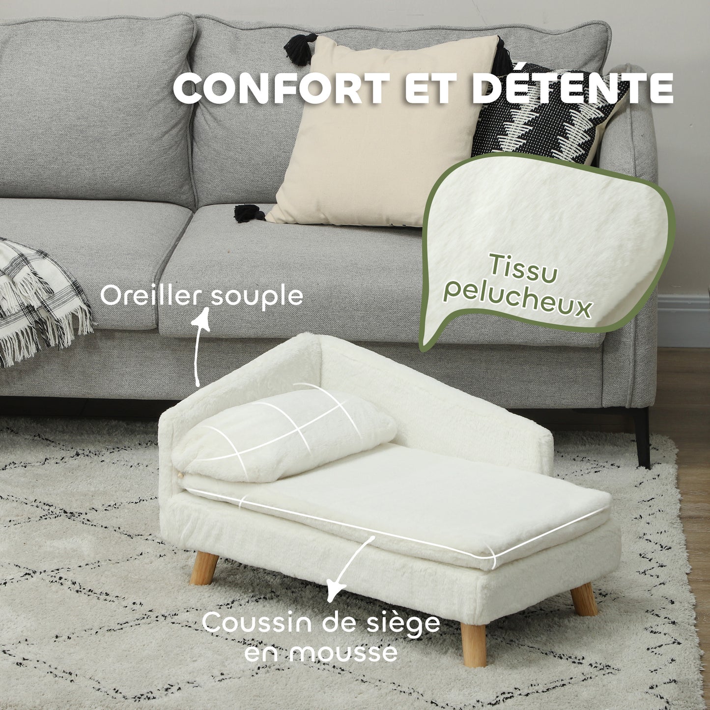 Hondenbank – Kattenbank – Huisdierenbed – Dierenbank – Zacht Kussen – Verwijderbare Wasbare Hoezen – Verhoogd Ontwerp – Polyester Met Katoenen Vulling – Creme – 70 x 42,5 x 38,5 cm – Geschikt Tot 15 kg