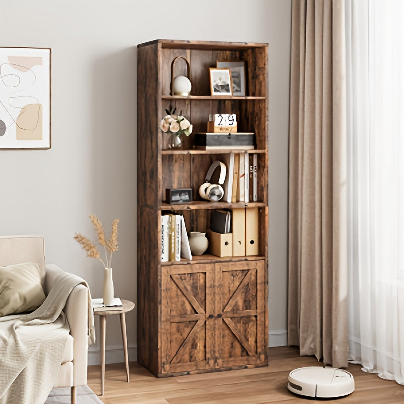 Industrial Farmhouse Bookcase with Doors - Heavy-Duty Freestanding bookshelf, Sturdy Wood Construction, Open & Closed Storage Shelves, for Living Room, Bedroom, Home Office - Modern Industrial Organizer Furniture
