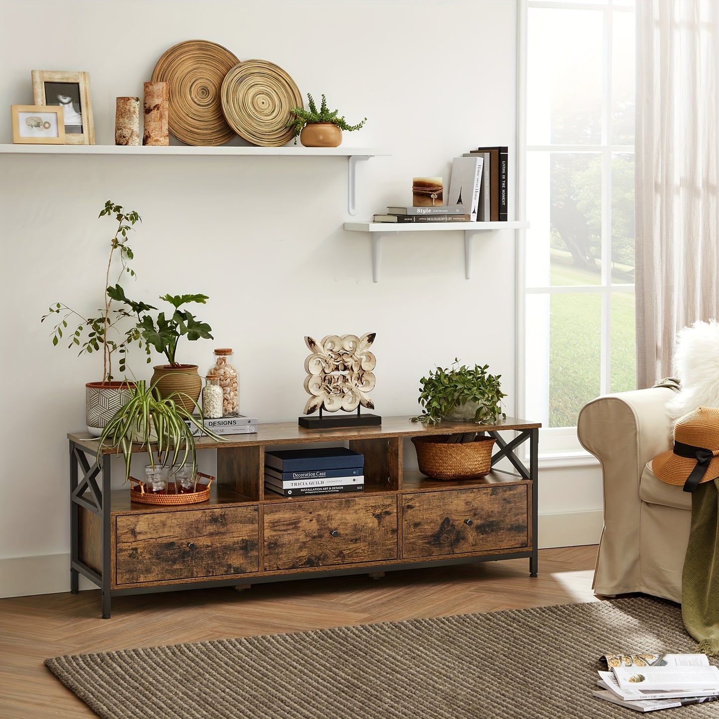 TV-kast – TV-meubel – TV-standaard – Tv-dressoir – Rustieke Bruin-Zwarte Afwerking – Geschikt Voor TV Tot 65 Inch – Stevig Stalen Frame