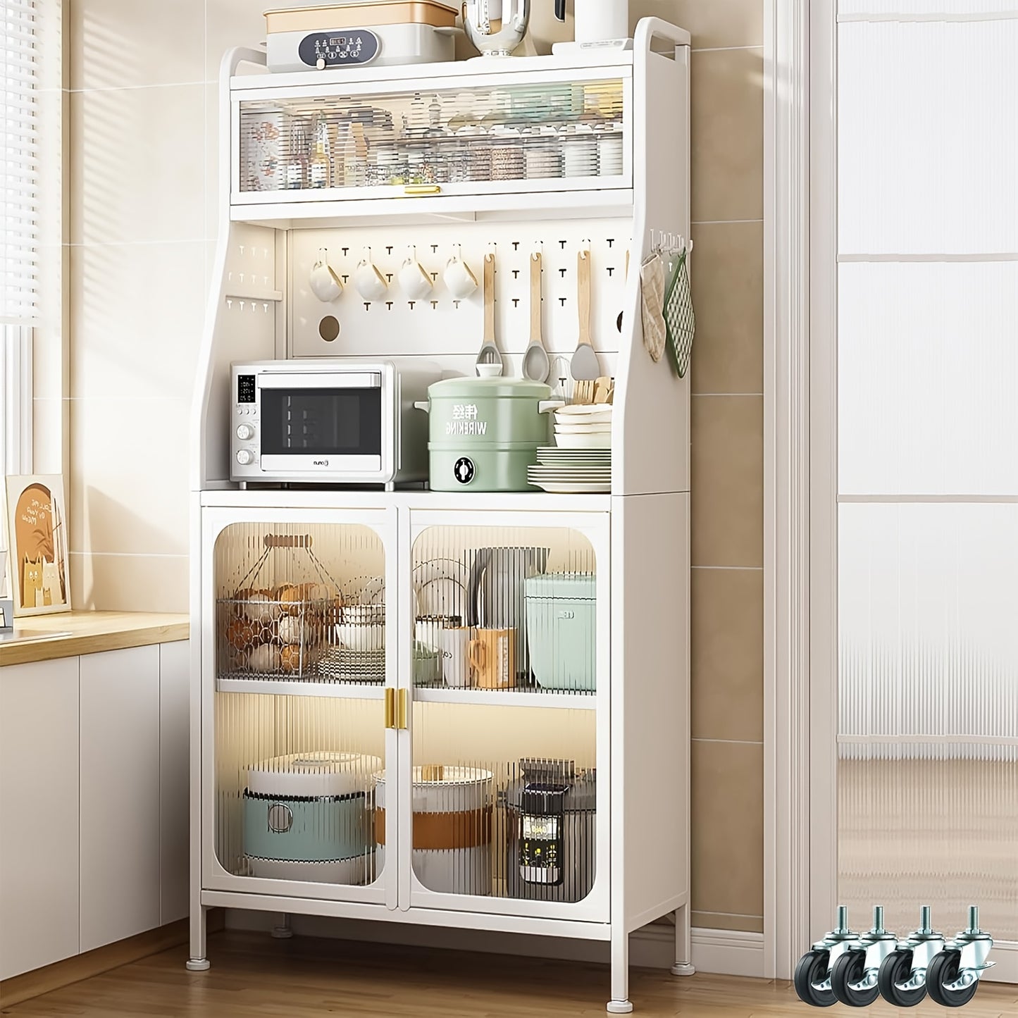 Keukenkast Op Wielen – Opbergrek – Boekenkast – Broodkast – Woonkamerkast – Wit – Rollend En Ruim 94,8x49,2x41,2 cm – Stalen Materiaal