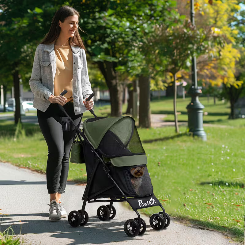 Huisdierwagen – Pet Stroller – Dierenwagen – Huisdierenbuggy – Dierenbuggy – Donkergroen – Veiligheidsharnas – Ademend Gaasraam