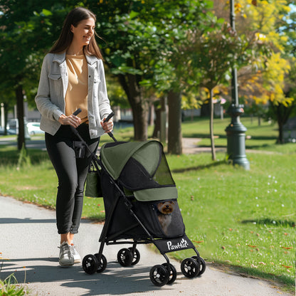 Pet Stroller with Safety Leash, Mesh Window, 76L x 44W x 103H cm, Dark Green