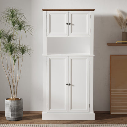 Hoge Bergkast Keukenkast – Opbergkast – Voorraadkast – Keukenkastje – Kast Met Blad – 128 cm Hoog – 4 Deuren Met Werkblad – Wit Met Tigerstripe Design