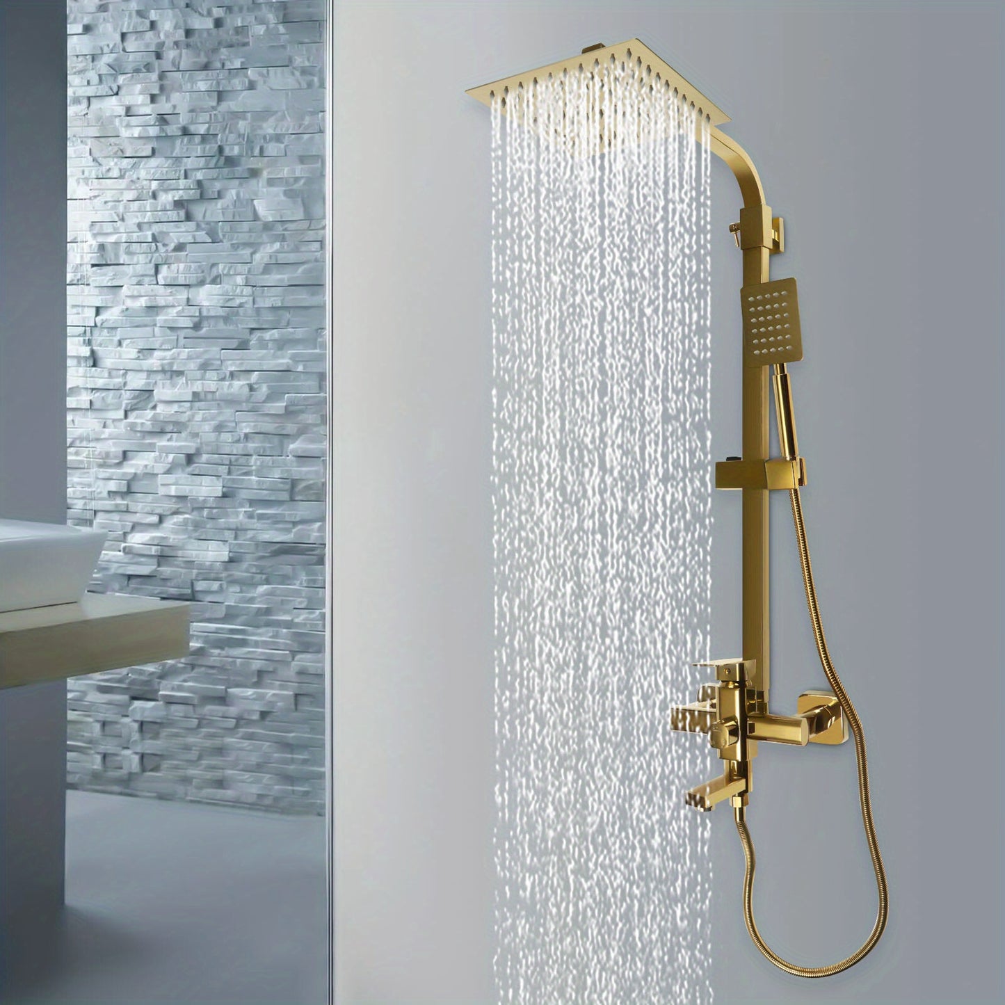 Doucheset – Douchekraan – Regendouche – Stortdouche – Handdouche – Verstelbare Hoogte 85-124 cm – Messing Gouden Afwerking