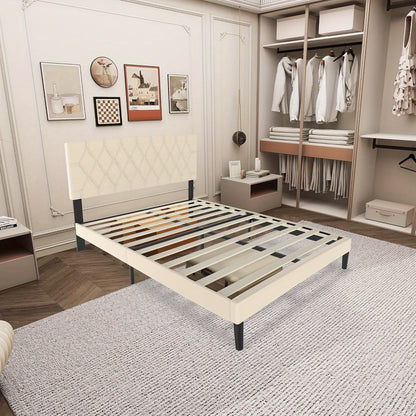 Bedframe Metaal – Stalen Bedframe – Bedombouw – Eenpersoonsbed – Slaapkamerbed – Kunstleren Hoofdbord – 140x200 cm – Stevig Metalen Frame – Lattenbodem Voor Ondersteuning