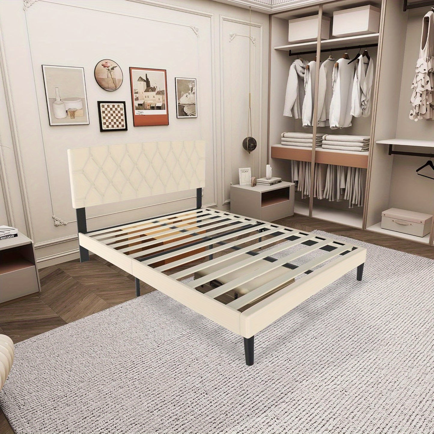 Metalen Bedframe – Stalen Bed – Slaapkamer Bed – Logeerbed – Jongensbed – 140x200 cm – Stoffen Hoofdeinde Linnen Lichtgrijs – Stevige Lattenbodem
