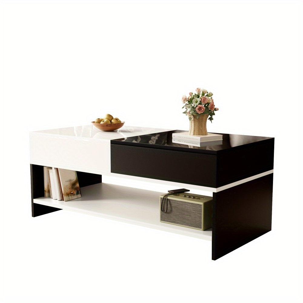 Salontafel – Koffietafel – Woonkamertafel – Bijzettafel – Tafel – Zwart-Wit Design – Hoogglans Tafelblad – Compact 100x48x40 cm
