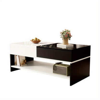 Salontafel – Koffietafel – Woonkamertafel – Bijzettafel – Tafel – Zwart-Wit Design – Hoogglans Tafelblad – Compact 100x48x40 cm
