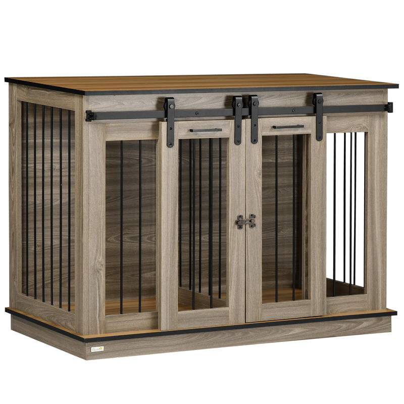 Heavy-Duty Lockable Double Door Dog Crate & Cage with Upper & Lower Access - Spacious Multi-Door Kennel for Large Dogs, Puppies, Cats, Small Pets - Rustic Brown Wood-Like (Locks Included) - Durable Pet Enclosure