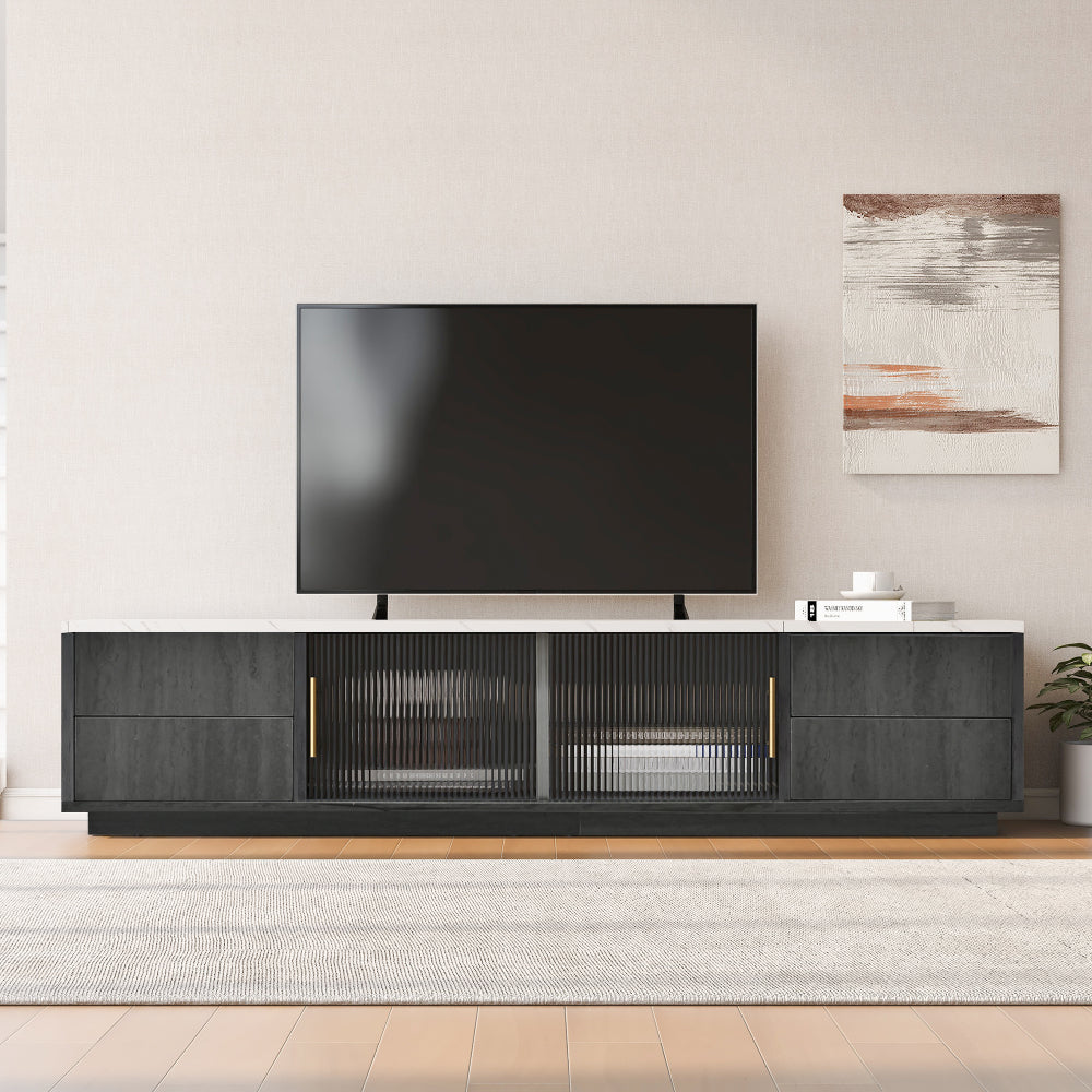 Modern Luxury TV Stand for 70-inch TVs Compatible for 165.1/190.5/177.8 cm Screens - Heavy-Duty Metal Frame with Marble-Patterned Tabletop, Cable Management System & Push-to-Open Drawers - Non-Wood Media Console for Large TVs