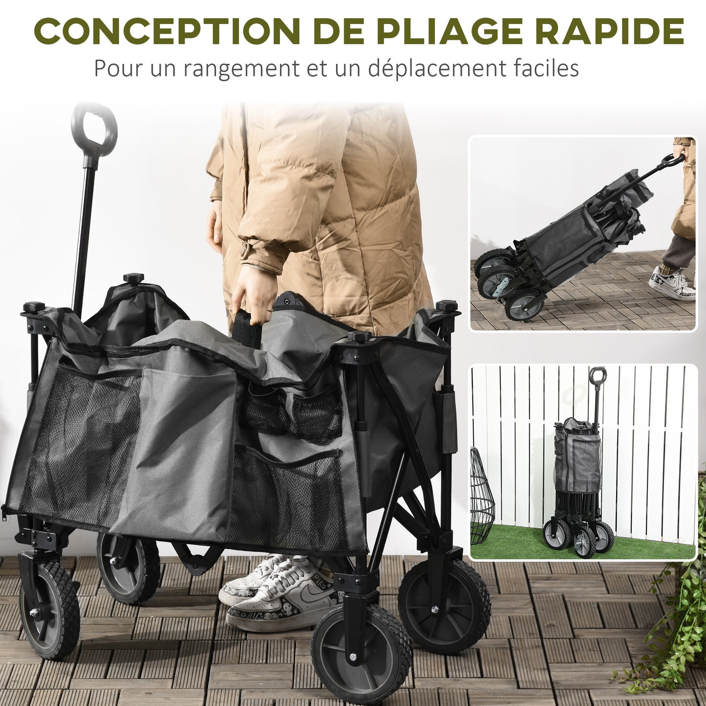 Transportwagen – Opvouwbare Bolderkar – Vervoerswagen – Strandwagen – Tuinwagen – 4 Wielen Met Rem – Verstelbare Telescopische Handgreep – Donkergrijs – 125 Liter Inhoud – Max 100 kg Belastbaar