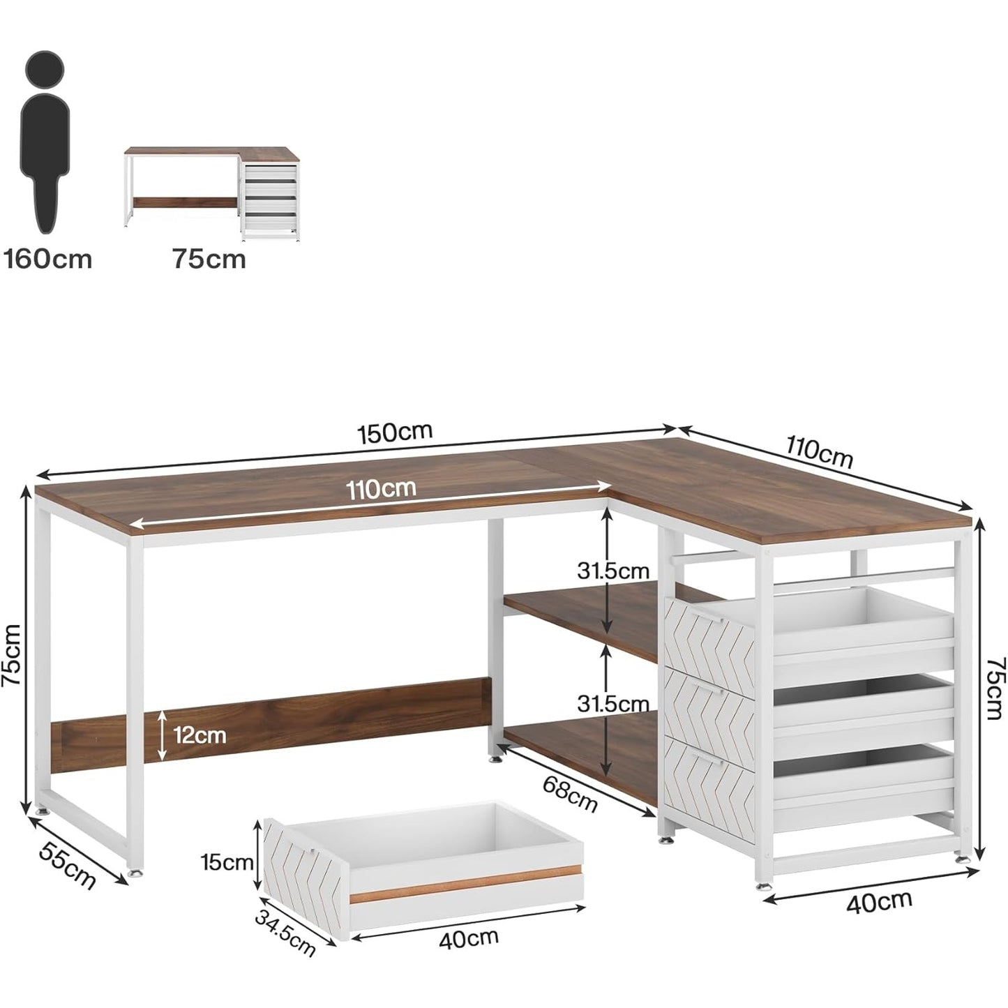 L-vormig Bureau – Hoekbureau – Computertafel – Werkplek Meubel – Bureau Met Laden – 150x110x75 cm – Notenhout & Wit – 4 Laden en 2 Planken – Omkeerbaar en Stevig