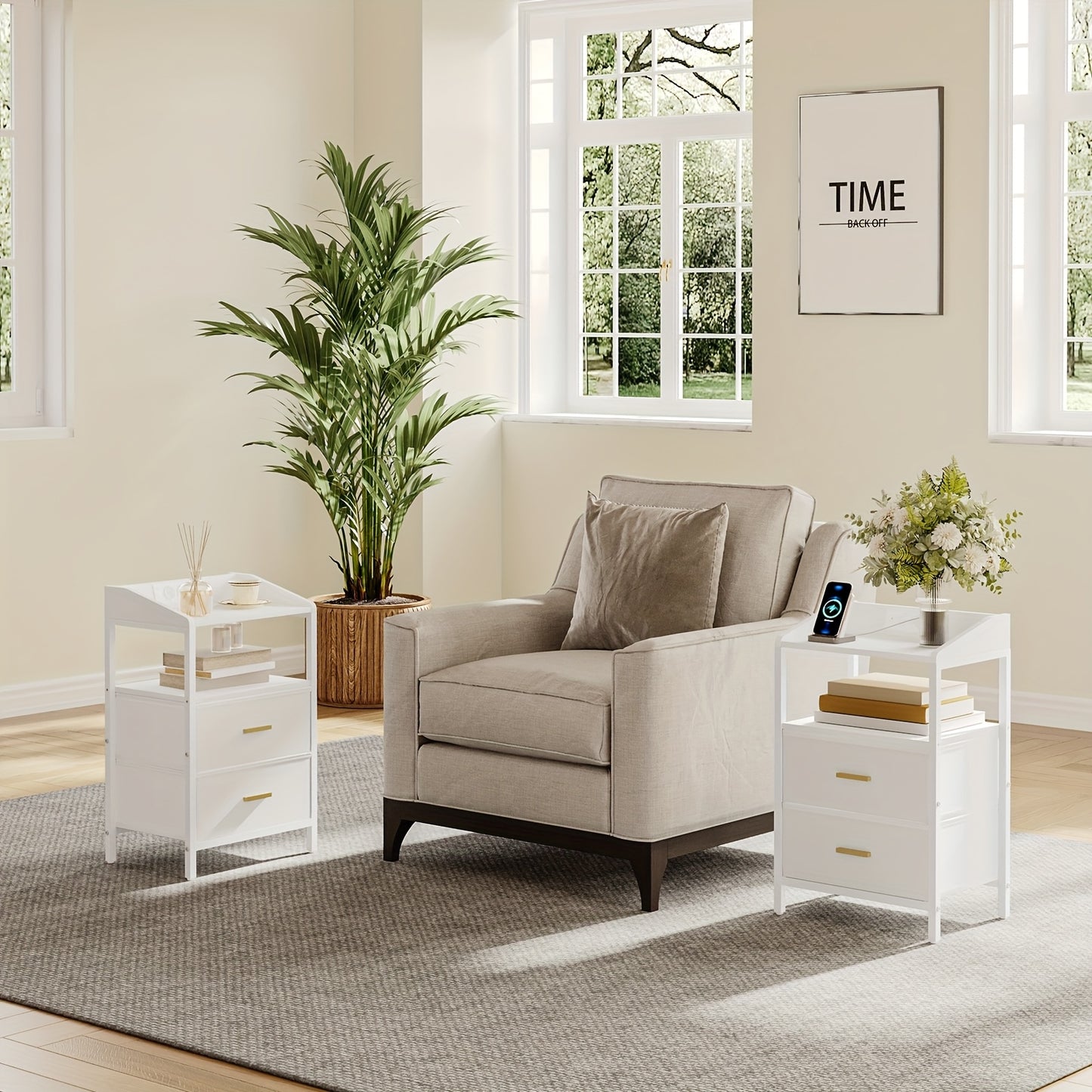 Nachtkastje – Bedside Table – Bijzettafel – Opberkkast – Nachtmeubel – Met LED Verlichting – USB Oplaadstation – Wit – 2 Lades – Stabiel Design