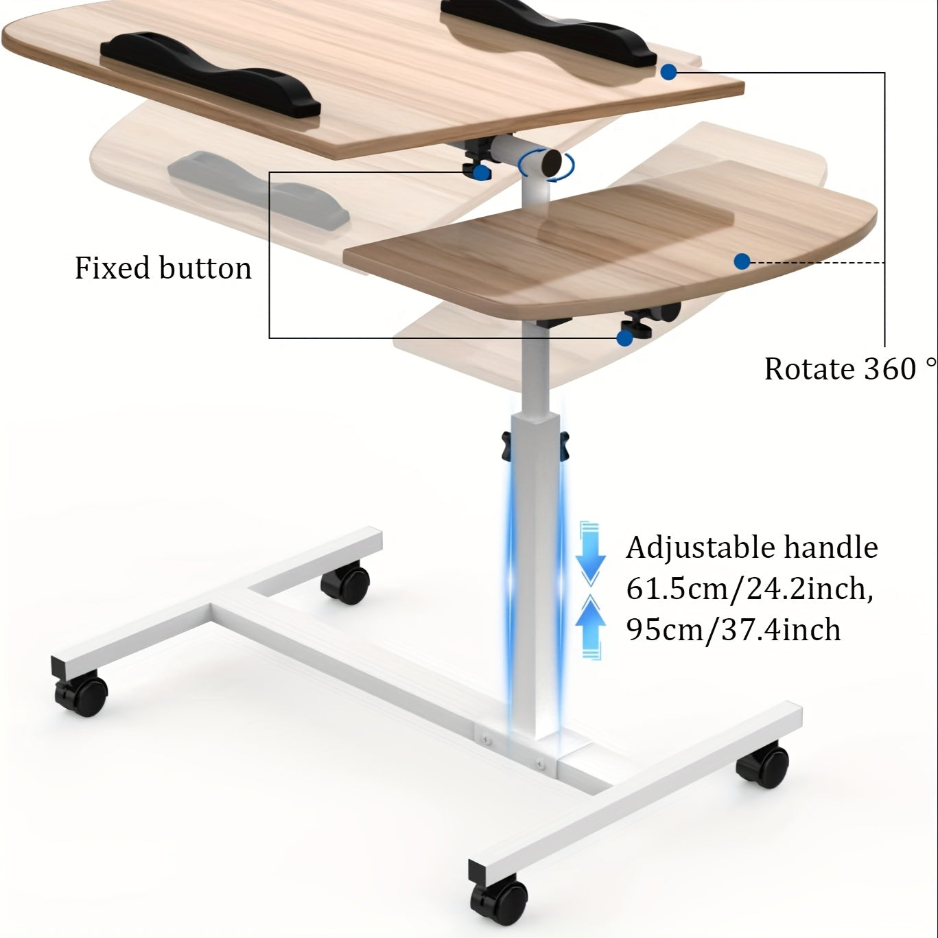 Height Adjustable Mobile Computer Desk, 60x40x61.5-96.5cm Rolling Workstation with Lockable Wheels/Anti-Slip Bars, Portable Laptop Desk for Home Office | Easy to Assemble (Wood Color)