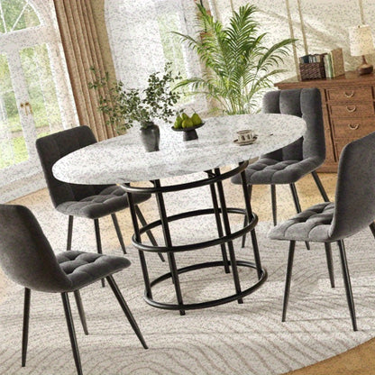 Eettafelset – Eethoek – Eetkamerset – Keukentafelset – Zitgroep – Ronde 100 cm Tafel – Wit Marmerlook Plastic Blad – Grijze Stoffen Stoelen – Compact & Onderhoudsvriendelijk
