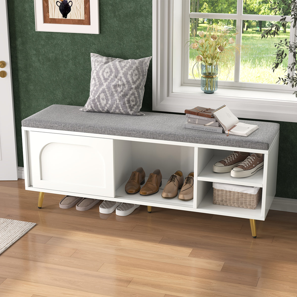 Schoenenbank – Schoenopbergbank – Schoenenkast – Zitbank – Opbergbank – Wit Rattan – Comfortabel Katoenen Kussen – Ruimtebesparend Design