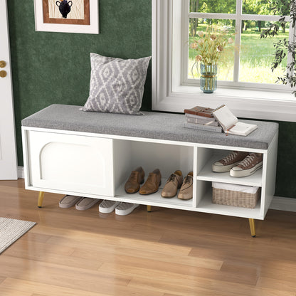 Schoenenbank – Schoenopbergbank – Schoenenkast – Zitbank – Opbergbank – Wit Rattan – Comfortabel Katoenen Kussen – Ruimtebesparend Design