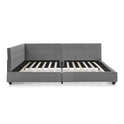 Hoekbankbed – Slaapbank – Bedbank – Loungesofa – Bedbank Hoek – Lichtbeige Velvet – 160x200 cm Tweepersoonsbed – Massief Eucalyptushout & IJzeren Frame