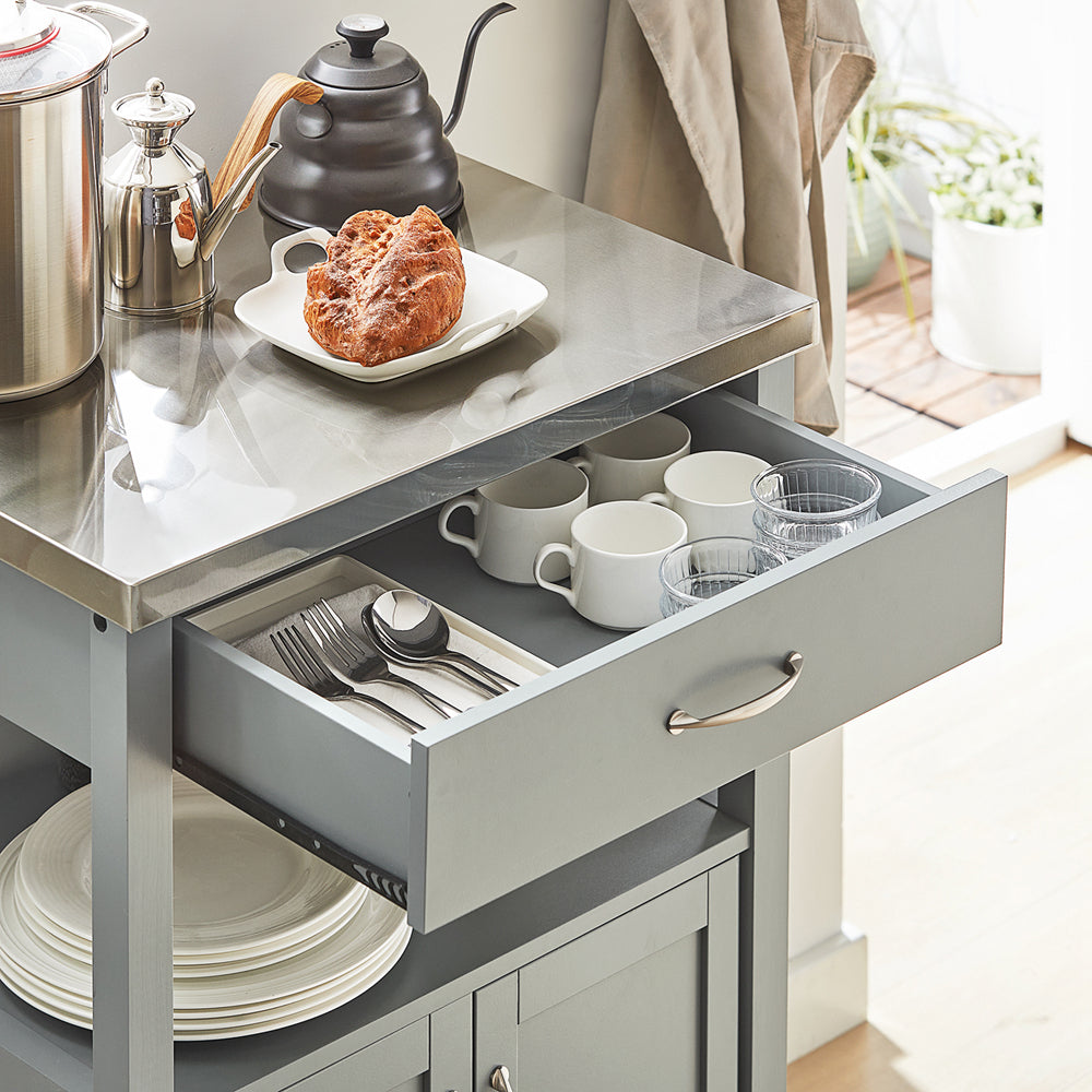 Keukentrolley – Serveerwagen – Keukenwagen – Opbergtrolley – Rolwagen – MDF Met RVS Werkblad – Compact 60x92x44 cm – Lichtgrijs