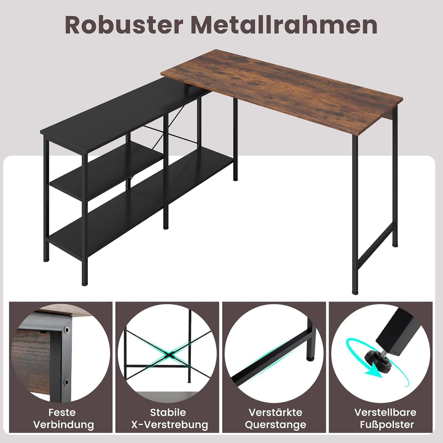 L-vormig Bureau – Hoekbureau – Gamestoel Bureau – Werkplek Bureau – Bureau Met Opbergruimte – Omkeerbaar ontwerp – Robuust Metalen Frame – Ruim Werkblad 135x120 cm – Rustiek Bruin