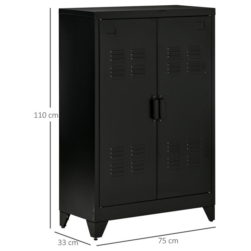 Metalen Opbergkast – Stalen Kast – Documentenkast – Archiefkast – Opbergkast Kantoor – Verstelbare Plank – Dubbele Magneetschuifdeuren – 75x33x110 cm – Zwart