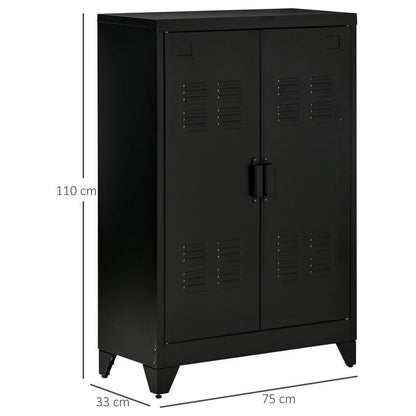 Metalen Opbergkast – Stalen Kast – Documentenkast – Archiefkast – Opbergkast Kantoor – Verstelbare Plank – Dubbele Magneetschuifdeuren – 75x33x110 cm – Zwart