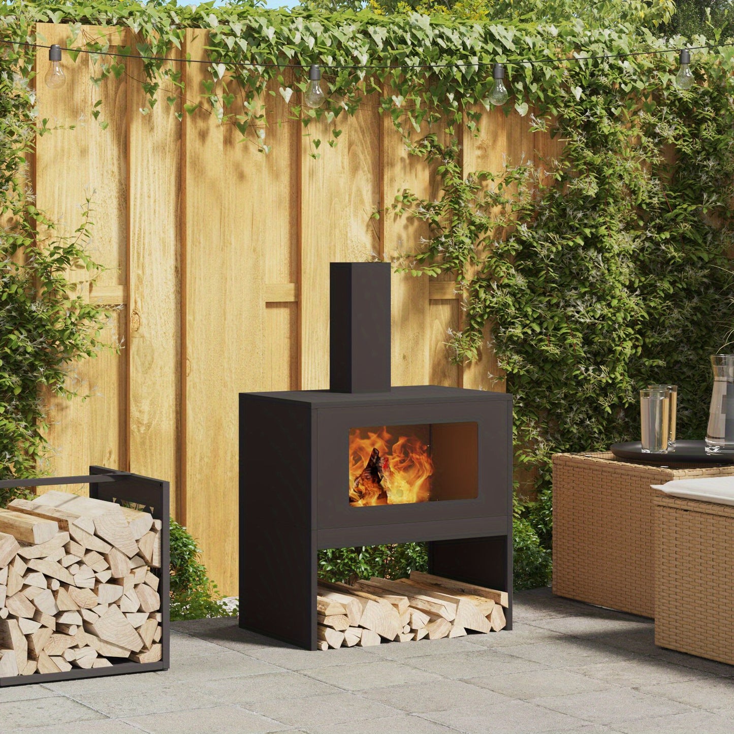 Vuurschaal – Vuurkorf – Tuinhaard – Buitenhaard – Terrashaard – Zwart Staal – Rechthoekig Design – 60x40x96 cm – Efficiënte Ventilatie – Opbergruimte