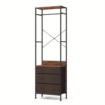 Kledingrek – Kapstok – Kledinghouder – Garderoberek – Jassenrek – Industrieël Design – 3 Uitschuifbare Lades – Verstelbare Kledingstang – Zwart Metalen Frame – 55x28x176 cm