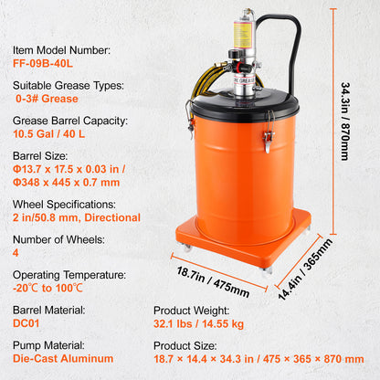 Vetpomp – Smeerpomp – Pneumatische Vetpomp – Vetspuit – Smoring Pomp – 40 Liter Capaciteit – Aluminium Behuizing